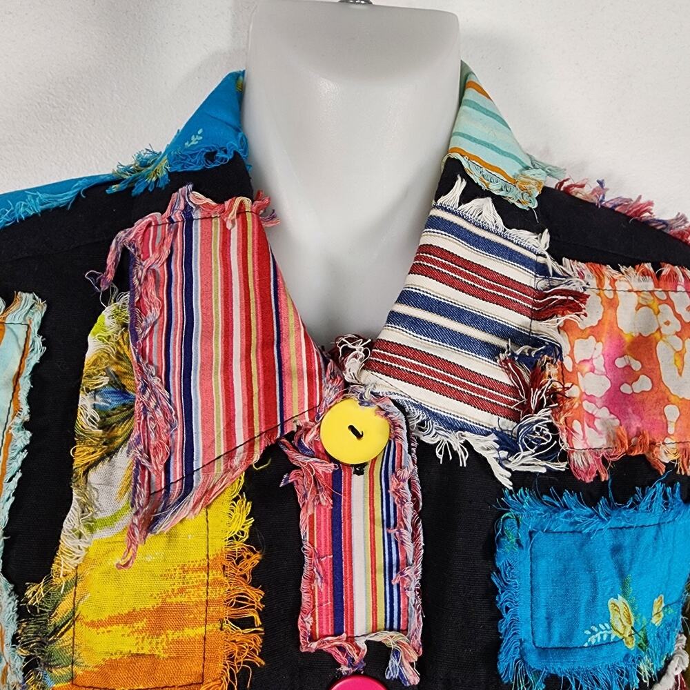 Vtg New Direction Patchwork Jacket Black Cotton Button Medium Colorful Artsy 90s - Picture 8 of 12